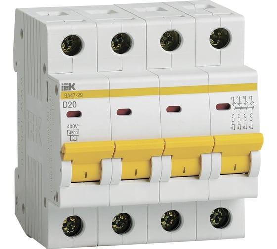 Автоматический выключатель IEK ВА47-29, 4Р, 20А, 4,5кА, х-ка D MVA20-4-020-D 1