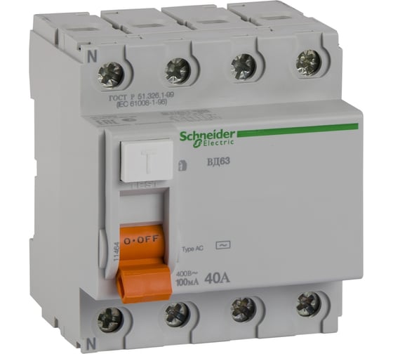 Устройство защитного отключение Systeme Electric Домовой ВД63 4P 40A 100mA SE 11464 1
