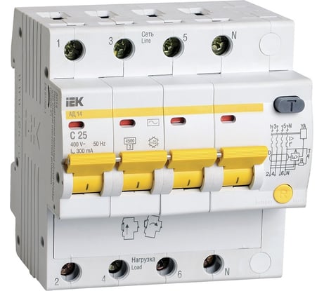 Дифференциальный автомат IEK АД14, 4Р, 25А, 300мА MAD10-4-025-C-300