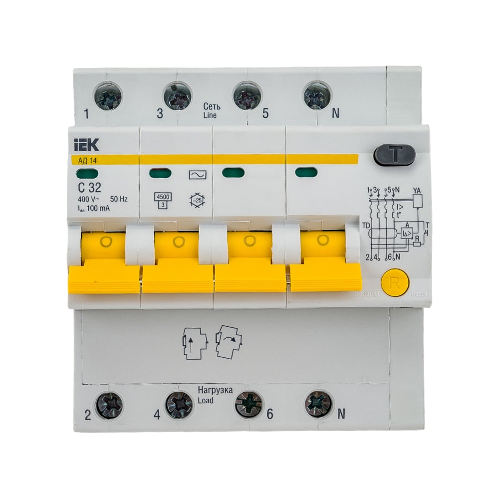 Дифференциальный автомат IEK АД14 4Р, 32А, 100мА MAD10-4-032-C-100 .