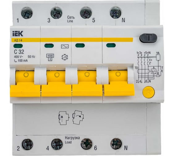 Дифференциальный автомат IEK АД14 4Р, 32А, 100мА MAD10-4-032-C-100