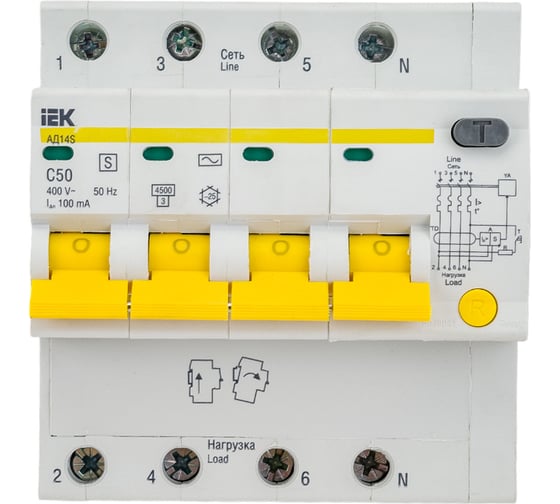 Дифференциальный автомат IEK АД14S, 4Р, 50А, 100мА MAD13-4-050-C-100