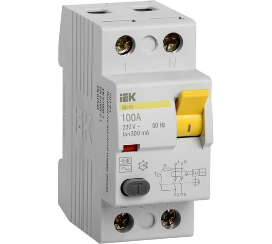 Дифференциальный выключатель IEK УЗО ВД1-63, 2Р, 100А, 300мА MDV10-2-100-300