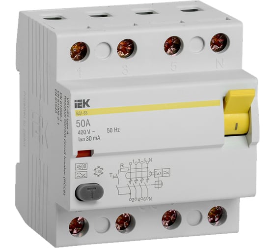 Устройство защитного отключения IEK ВД1-63, УЗО, 4Р, 50А, 30мА, тип А MDV11-4-050-030 1