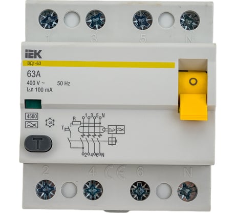 Устройство защитного отключения IEK ВД1-63, УЗО, 4Р, 63А, 100мА, тип А MDV11-4-063-100