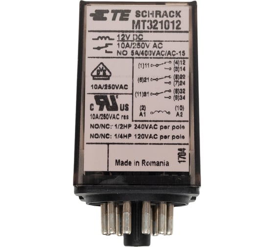 Многорежимное реле Schrack Technik МТ, 3 переключающих контакта, 11-пол, 10А, 12VDC артикул Австрия MT321012