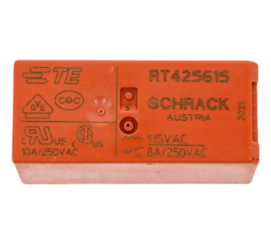Реле силовое Schrack Technik PCB 2 перекл. конт, 8A, 115V АC,5mm, позолоч. артикул Австрия RT425615 1