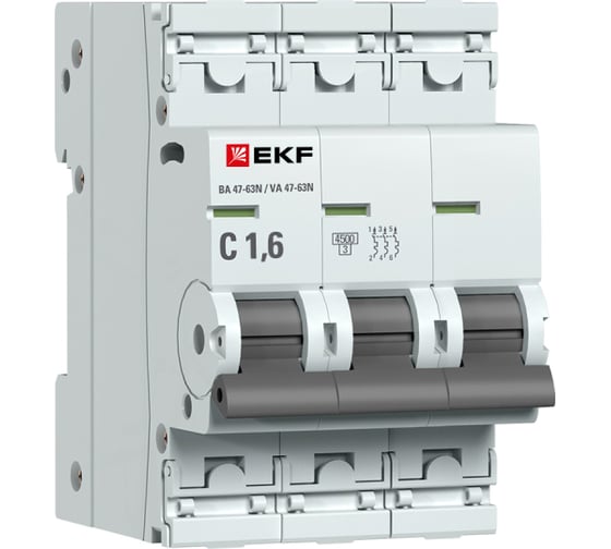 Автоматический выключатель EKF ВА 47-63N 3P 1,6А (C) 4,5 кА PROXIMA M63431T6C