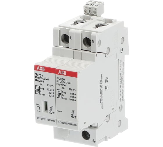 Ограничитель перенапряжения ABB OVR T1-T2 1N 12.5-275s P TS QS, шт 2CTB815710R0100