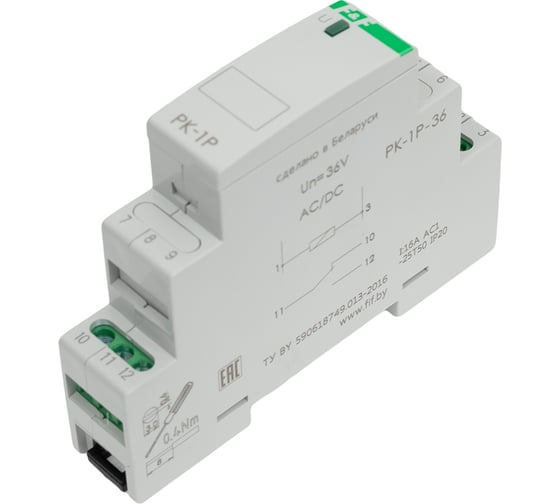 Реле промежуточное Евроавтоматика F&F PK-1P/36 36В АС/DC, 16 А, 1 переключающий, 1 модуль, монтаж на DIN-рейке EA06.001.005