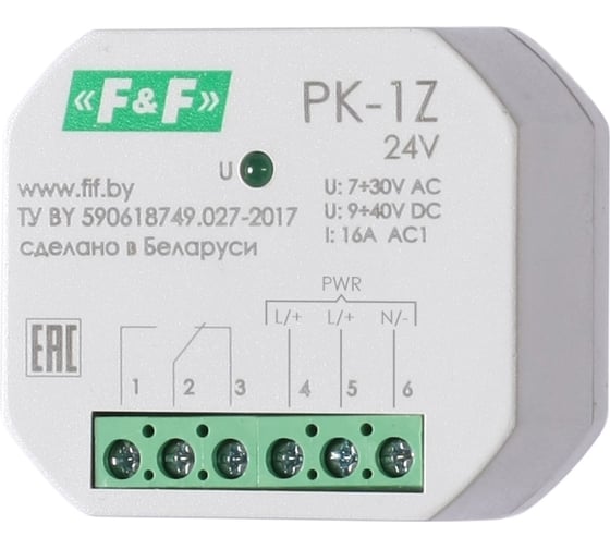 Реле промежуточное Евроавтоматика F&F PK-1Z/24 7-30 АС, 9-40 DC, 16 А, 1 переключающий, для установки в монтажную коробку O 60мм EA06.001.046 1
