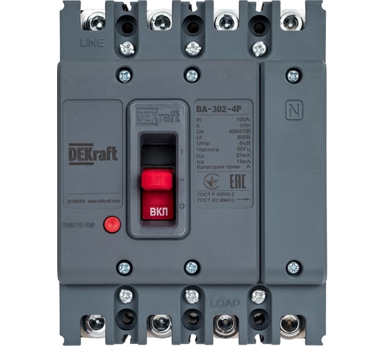 Силовой автоматический выключатель DEKraft 4P 100А 25кА ВА-302 22780DEK