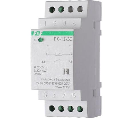 Реле промежуточное Евроавтоматика F&F PK-1Z-30/230 230В АС, 30 А, 1 замыкающий, 2 модуля, монтаж на DIN-рейке EA06.001.045