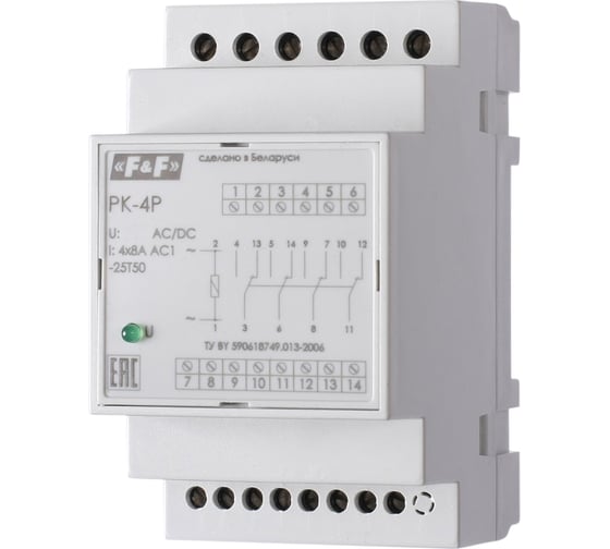 Реле промежуточное Евроавтоматика F&F PK-4P/48 48В АС/DC, 8 А, 4 переключающих, 3 модуля, монтаж на DIN-рейке EA06.001.025 1