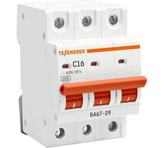 Автоматический выключатель Texenergo ВА 6729 3п 16А 6кА характеристика С TAM34C16 1