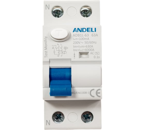 УЗО ANDELI ADB1L-63 2P 63A ток утечки 100mA тип AC 6kA ADL03-009