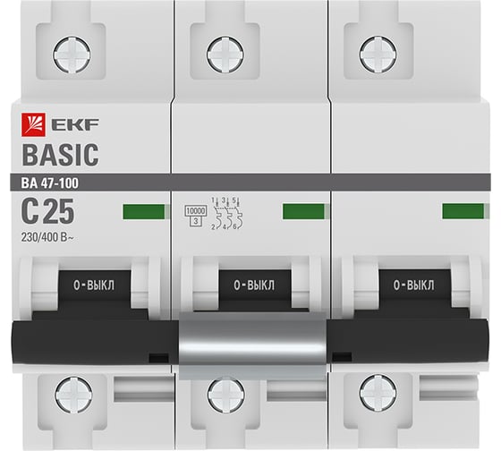 Автоматический выключатель EKF Basic ВА 47-100 3P, 25А, 10kA mcb47100-3-25C-bas