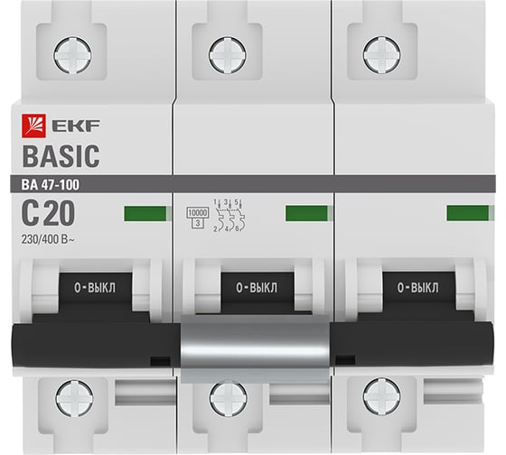 Автоматический выключатель EKF Basic ВА 47-100 3P, 20А, 10kA mcb47100-3-20C-bas
