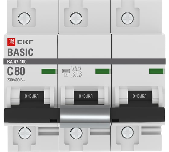 Автоматический выключатель EKF Basic ВА 47-100 3P, 80А, 10kA mcb47100-3-80C-bas
