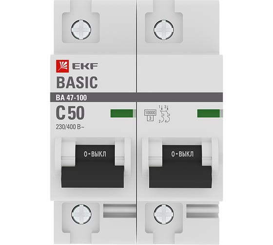 Автоматический выключатель EKF Basic ВА 47-100, 2P, 50А, 10kA mcb47100-2-50C-bas