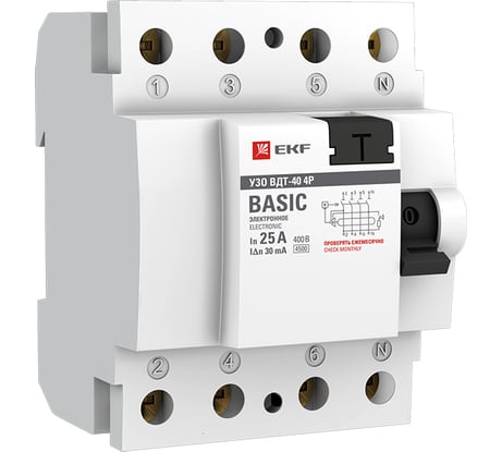 Устройство защитного отключения EKF, УЗО 4P 25А/30мА Basic elcb-4-25-30e-sim