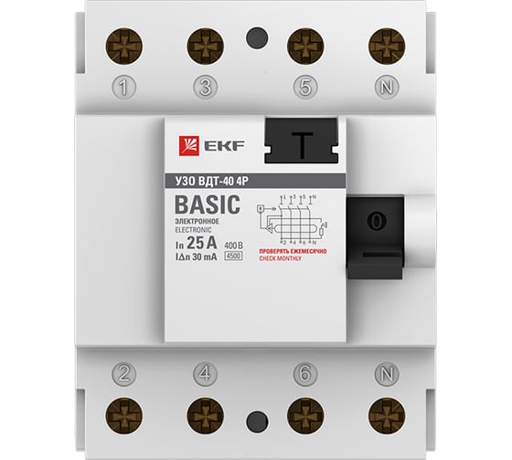 Устройство защитного отключения EKF, УЗО 4P 25А/30мА Basic elcb-4-25-30e-sim