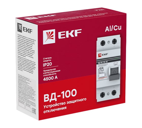 Устройство защитного отключения EKF ВД-100 УЗО, 2P, 100А, на 100мА, тип АС, электромеханическое elcb-2-100-100-em-pro