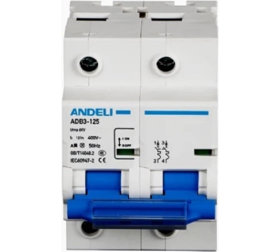Автоматический выключатель ANDELI ADB3-125 2P, 63A, 6KA, тип D (8-12In) ADL01-655
