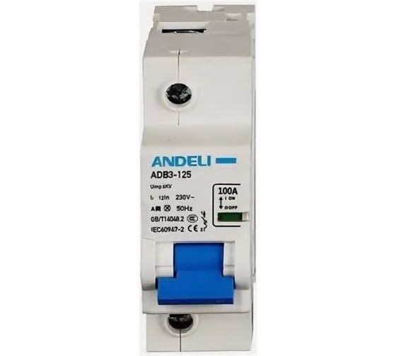 Автоматический выключатель ANDELI ADB3-125H 1P, 125A 10KA, тип D (8-12In) ADL01-666 1