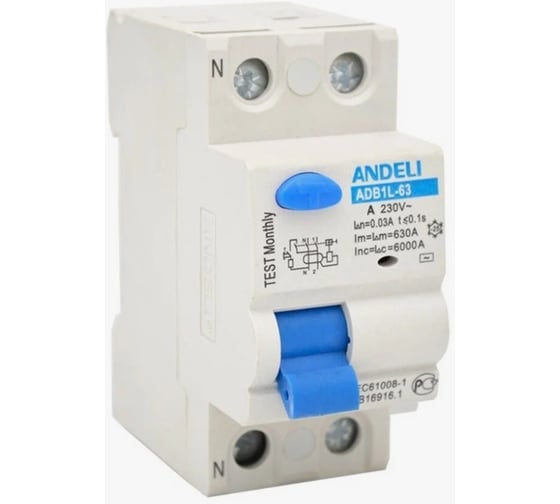 Устройство защиты отключения ANDELI ADB1L-63 2P 16A ток утечки 30mA тип AC 6kA артикул ADL03-021 1