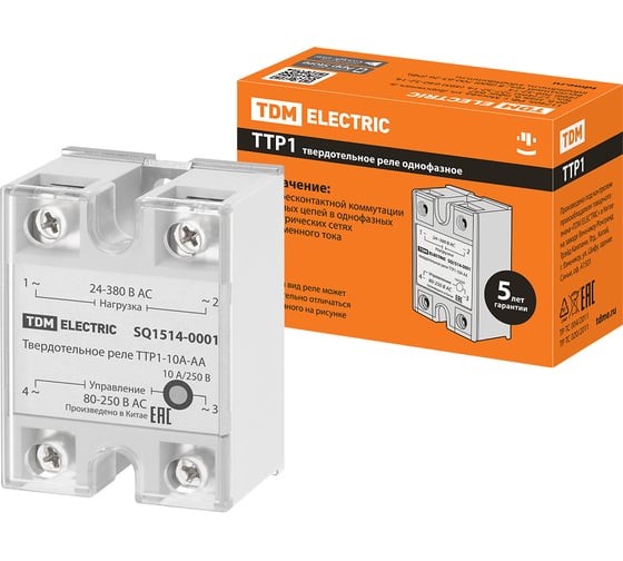 Твердотельное реле TDM ELECTRIC ТТР1-10А-AА, 1ф, 10А, упр: 80-250В AС, нагр: 24-380В АС TDM SQ1514-0001 1