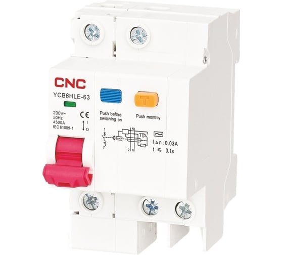 Дифференциальный автомат CNC Electric YCB6HLE-63 1P+N, 40A, C, 4500A, 30мА, 230В, 50Гц A000317 1