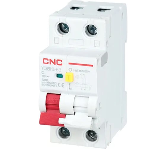 Дифференциальный автомат CNC Electric YCB9HL-63 20А, 1P+N, 6кА, 300мА, C, A, электромеханический A032426 1