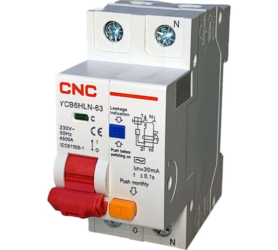 Дифференциальный автомат CNC Electric YCB6HLN-63 63А, 1P+N, 4,5кА, 30мА, C, AC A000455 1