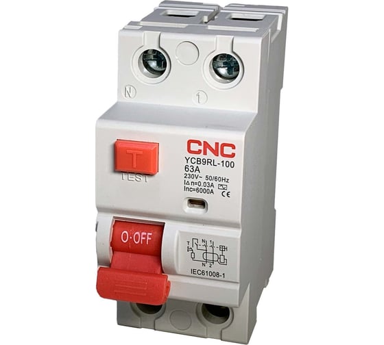Устройство защитного отключения CNC Electric YCB9RL-100 63А 1P+N 6кА 30мА AC (электромеханическое) A030847 1