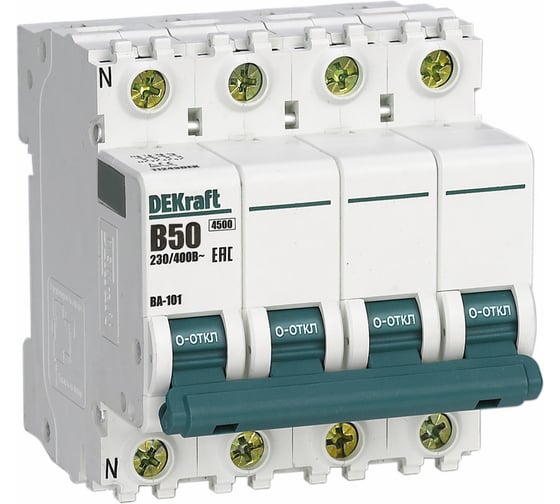 Автоматический выключатель Dekraft ВА-101, 3 Р+N, 50 А, хар-ка B, 4.5 кА 11243DEK