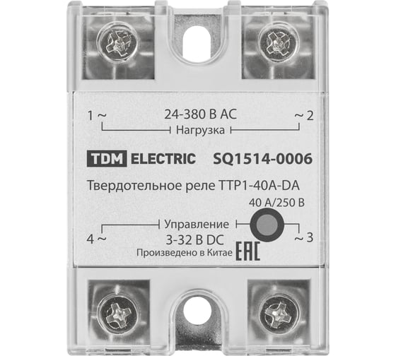 Твердотельное реле TDM ELECTRIC ТТР1-40А-DА, 1ф, 40А, упр: 3-32В DС, нагр: 24-380В АС TDM SQ1514-0006