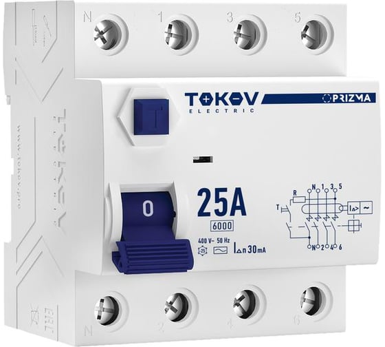 Выключатель дифференциального тока (УЗО) TOKOV ELECTRIC 4П (3P+N) 25А 30мА тип AC 6кА TKE-PZ60-RCDM-4-25-30-AC