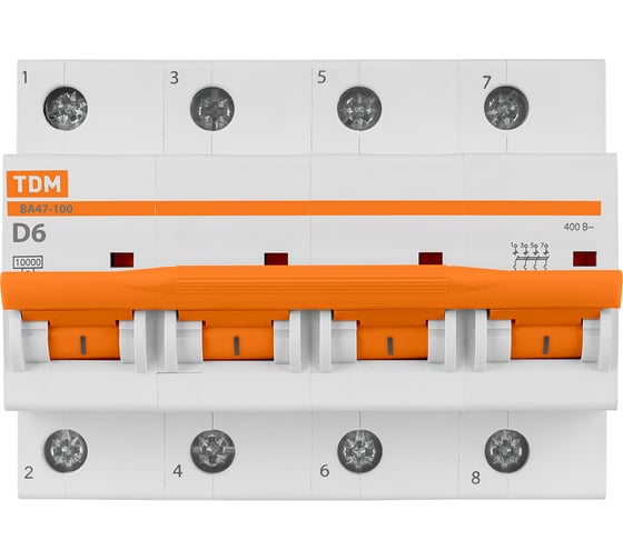 Автоматический выключатель TDM ELECTRIC ВА47-100 4Р 6А 10кА х-ка D SQ0207-0143