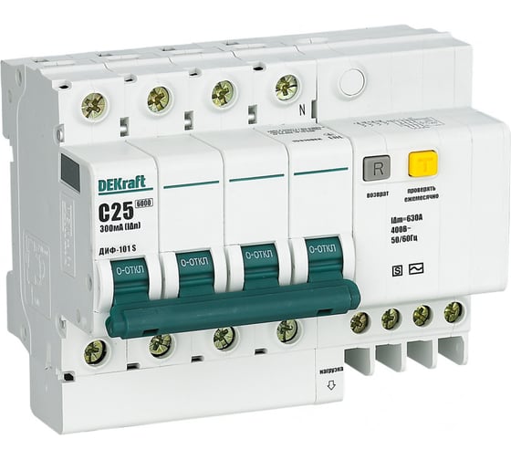 Автоматический выключатель дифференциального тока (АВДТ) ДИФ-101 Dekraft 4 Р, 25 А, 300 мА, хар-ка C 15315DEK 1
