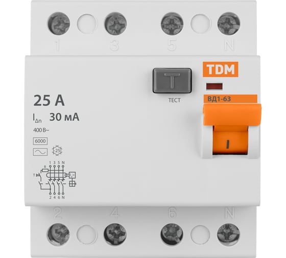 Устройство защитного отключения TDM ELECTRIC ВД1-63 4Р 25А 30мА SQ0203-0032