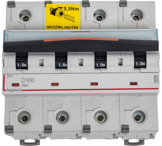 Автоматический выключатель Legrand DX³ 25 кА тип характеристики D 4П 400 В~ 100 А 6 модулей 409854
