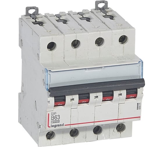 Автоматический выключатель Legrand DX³ 10000 16 кА тип характеристики B 4П 400 В~ 63 А 4 модуля 409071 1