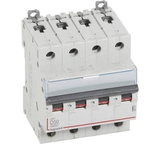 Автоматический выключатель Legrand DX³ 6000 10 кА тип характеристики D 4П 400 В~ 50 А 4 модуля 408152 1