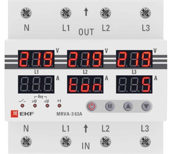 Трехфазное реле напряжения и тока EKF с дисплеем MRVA-3, 63A MRVA-3-63A