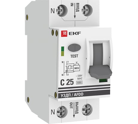 Устройство защиты от дугового пробоя EKF PROxima 1P+N, 25А, 6 кА, УЗДП afdd-2-25C-pro