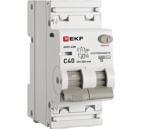 Автоматический выключатель дифференциального тока EKF АВДТ-63N 1P+N 40А 300мА характеристика C тип AC электромеханический 6кА PROXIMA D63N26M40C300