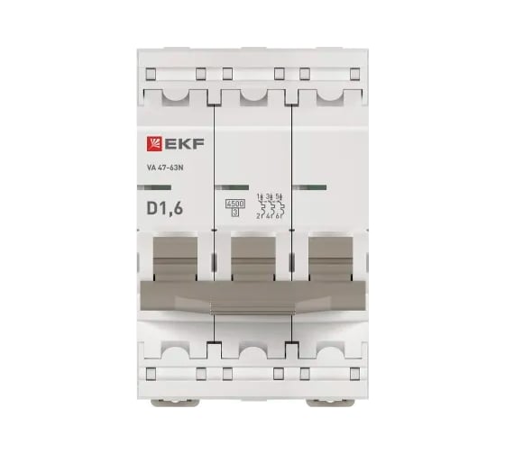 Автоматический выключатель EKF PROXIMA ВА 47-63N 3P 1,6А (D) 4,5 кА M63431T6D