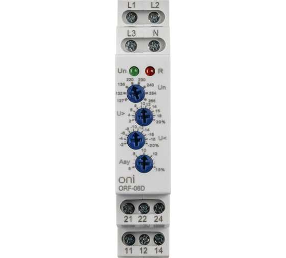 Реле фаз ONI ORF-06D 3фазы 2 контакта 127-265В AC с контролем нейтрали ORF-06D-127-265VAC