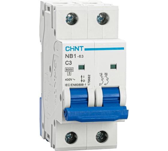 Автоматический выключатель CHINT NB1-63, 2P, 3A, 6кА, характеристика C 179662